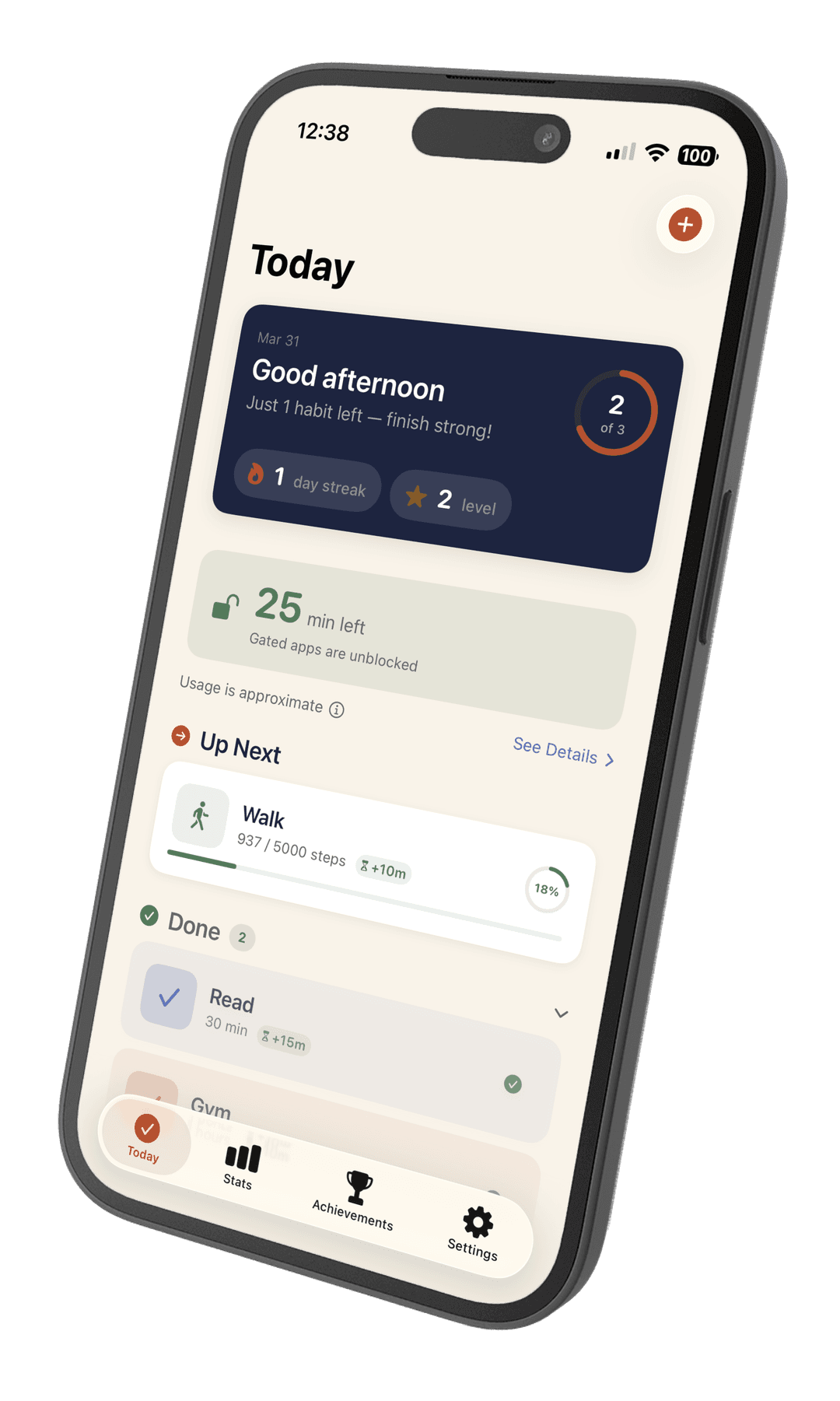 AnyHabit today view showing habits and screen time